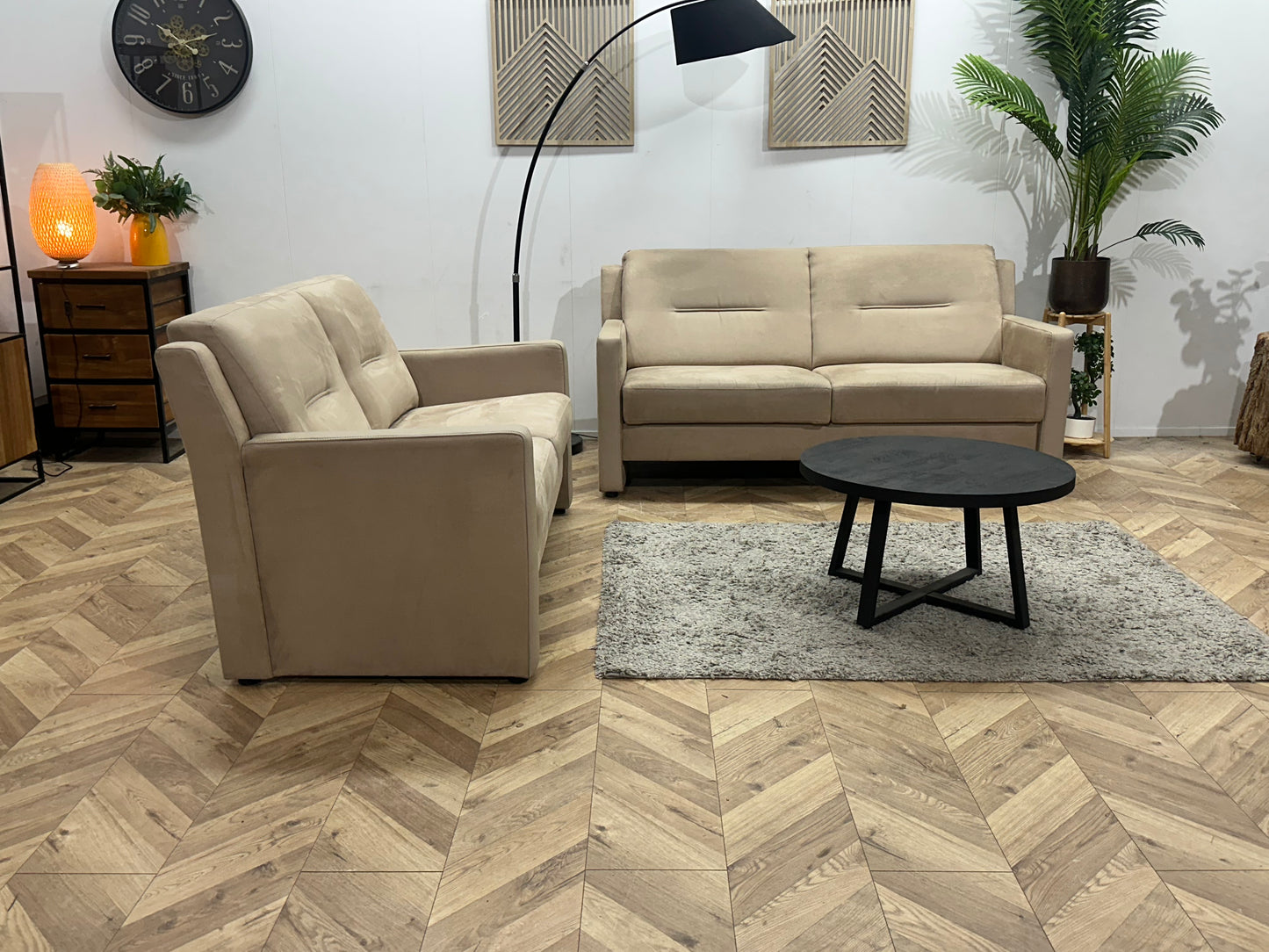 Beige Suede Stoffen/Lederen Banken Set ~ Vaste Kussens