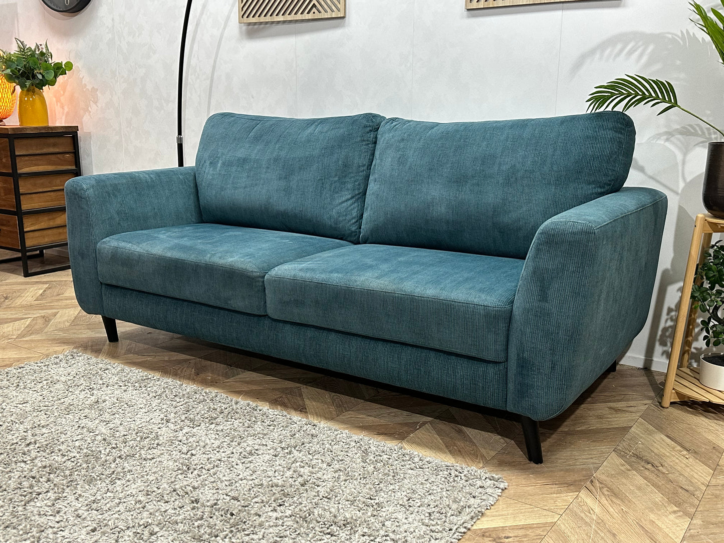 Blauwe Ribstof 2.5-Zits Bank ~ Losse Rugkussens Met Afneembare Hoezen