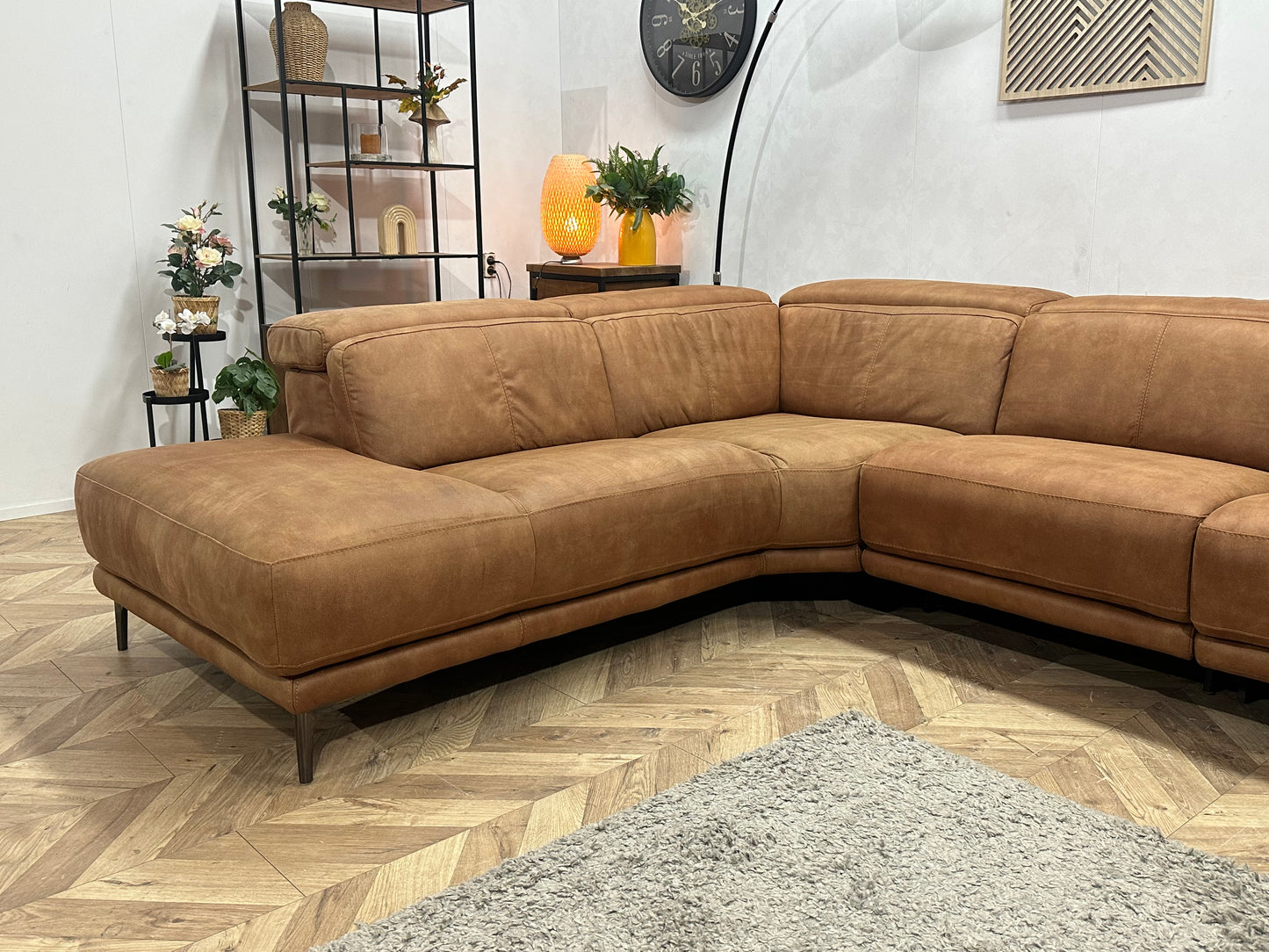 Cognac Bruine Suede Stoffen Hoekbank ~ Relaxfunctie