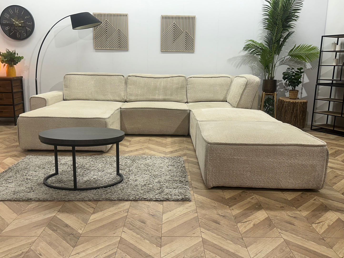 Crème Modulaire Bouclé Stoffen U Bank ~ Losse Rugkussens Met Afneembare Hoezen