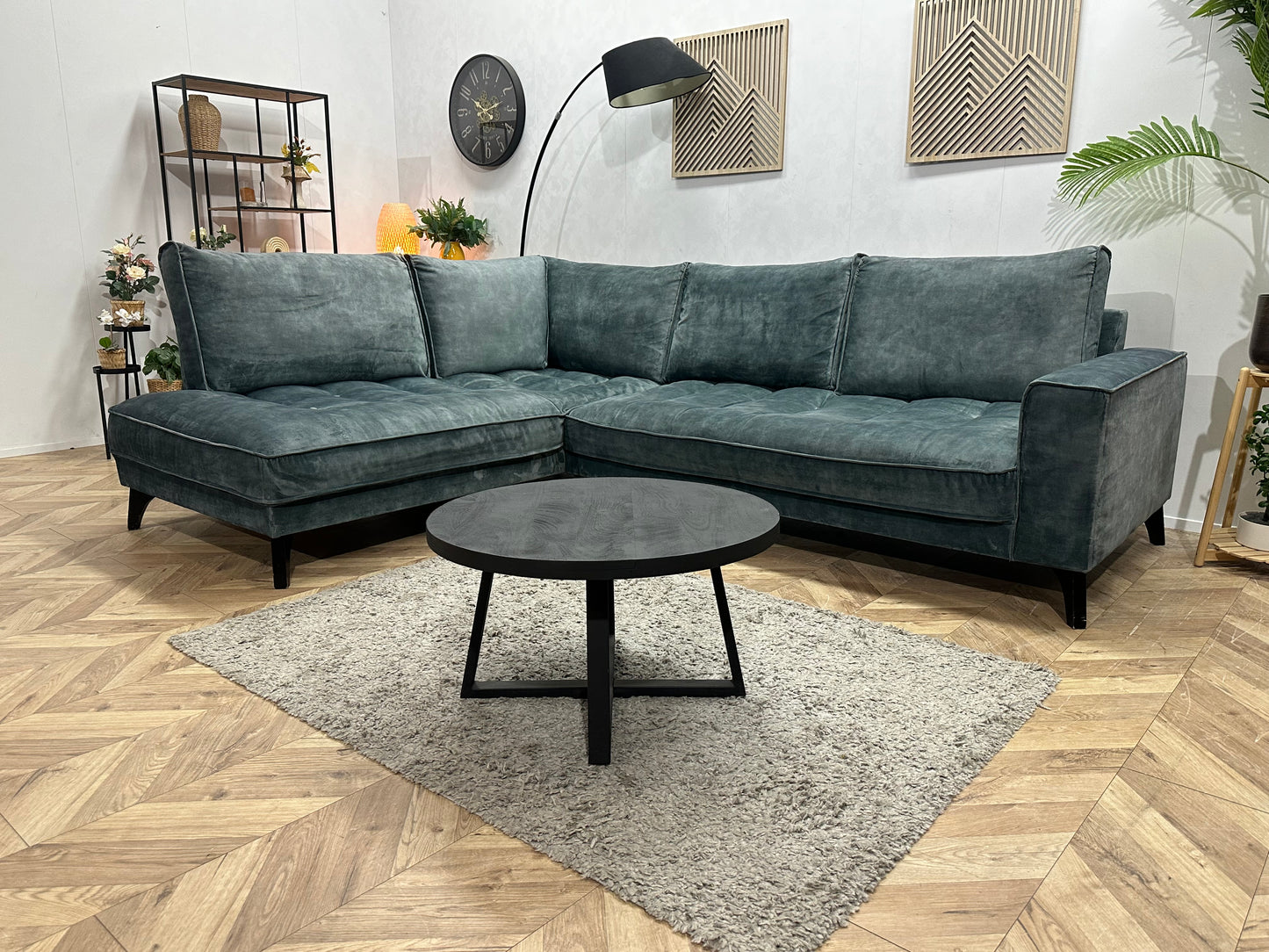 Blauwe/Grijze Velvet Hoekbank ~ Losse Rugkussens Met Afneembare Hoezen