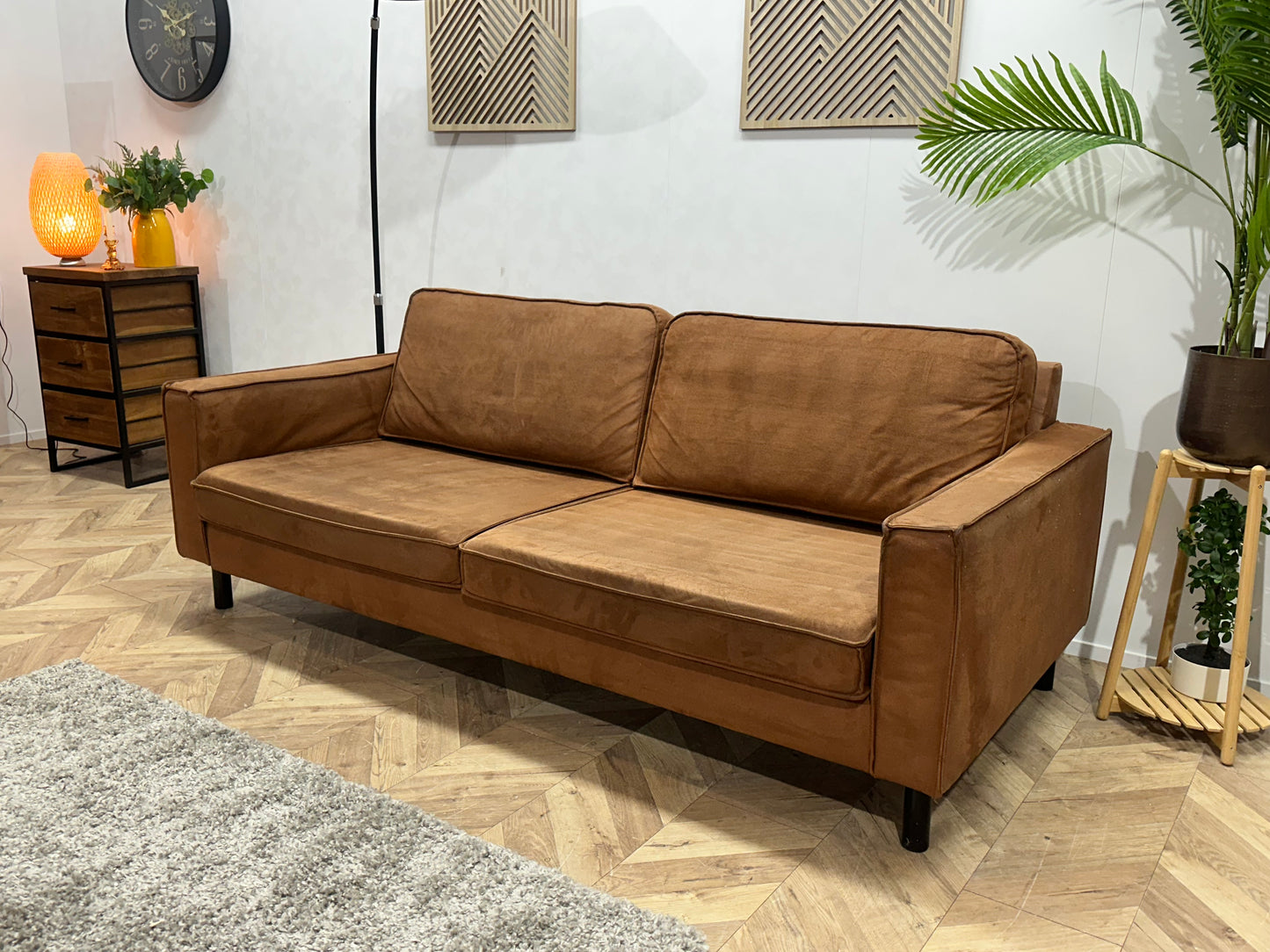 Cognac Bruine Suède Stoffen 2.5-Zits Bank ~ Losse Kussens Met Afneembare Hoezen