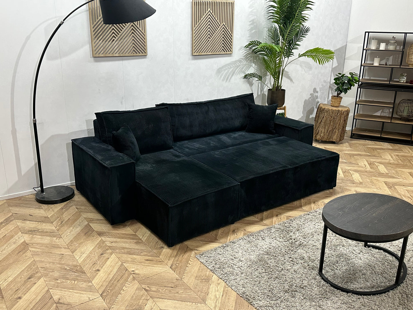 !Showroommodel! Zwarte Ribstof Hoekbank ~ Slaapfunctie