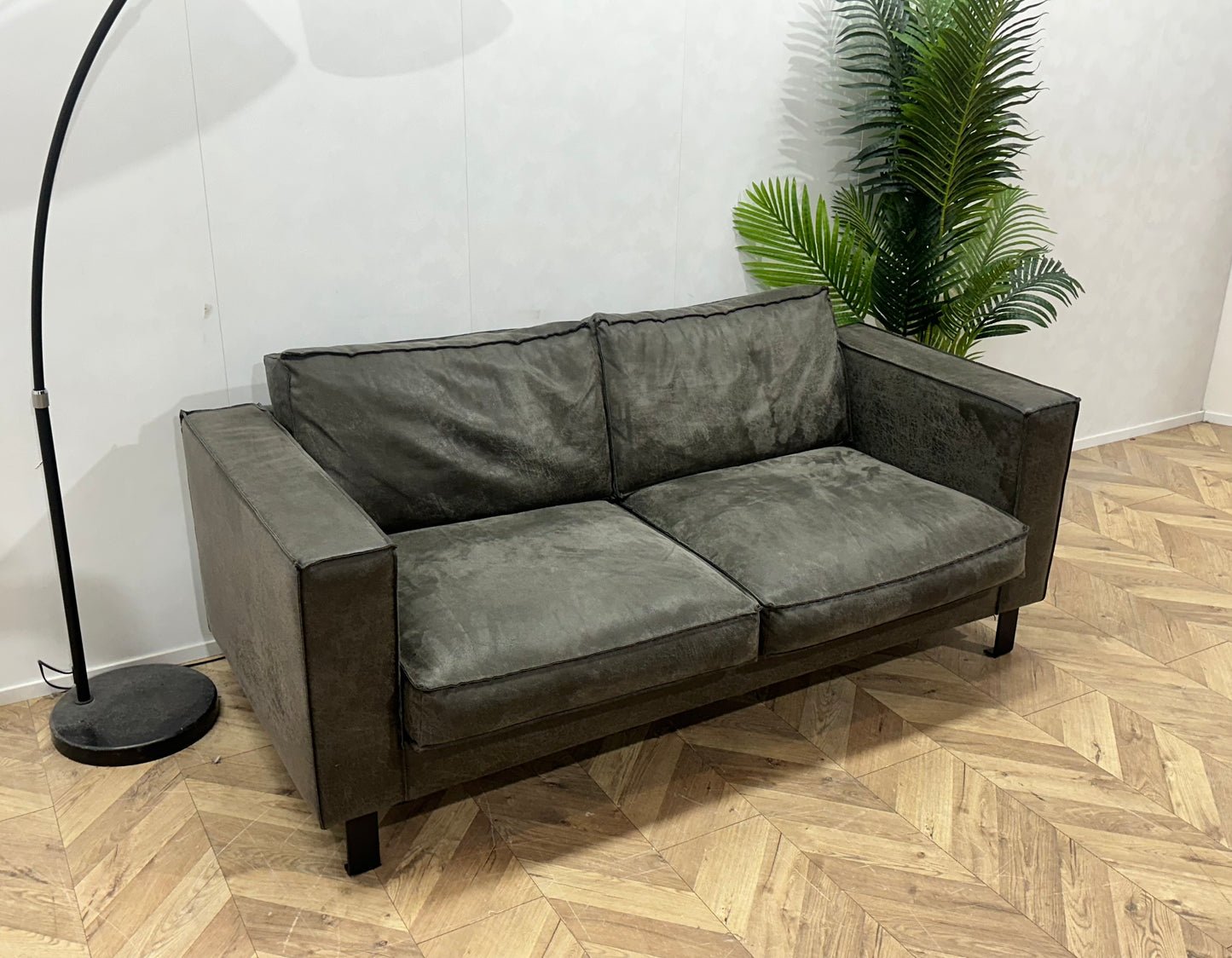 Antraciet Suède Lederen 2.5-Zits Bank ~ Losse Kussens Met Afneembare Hoezen