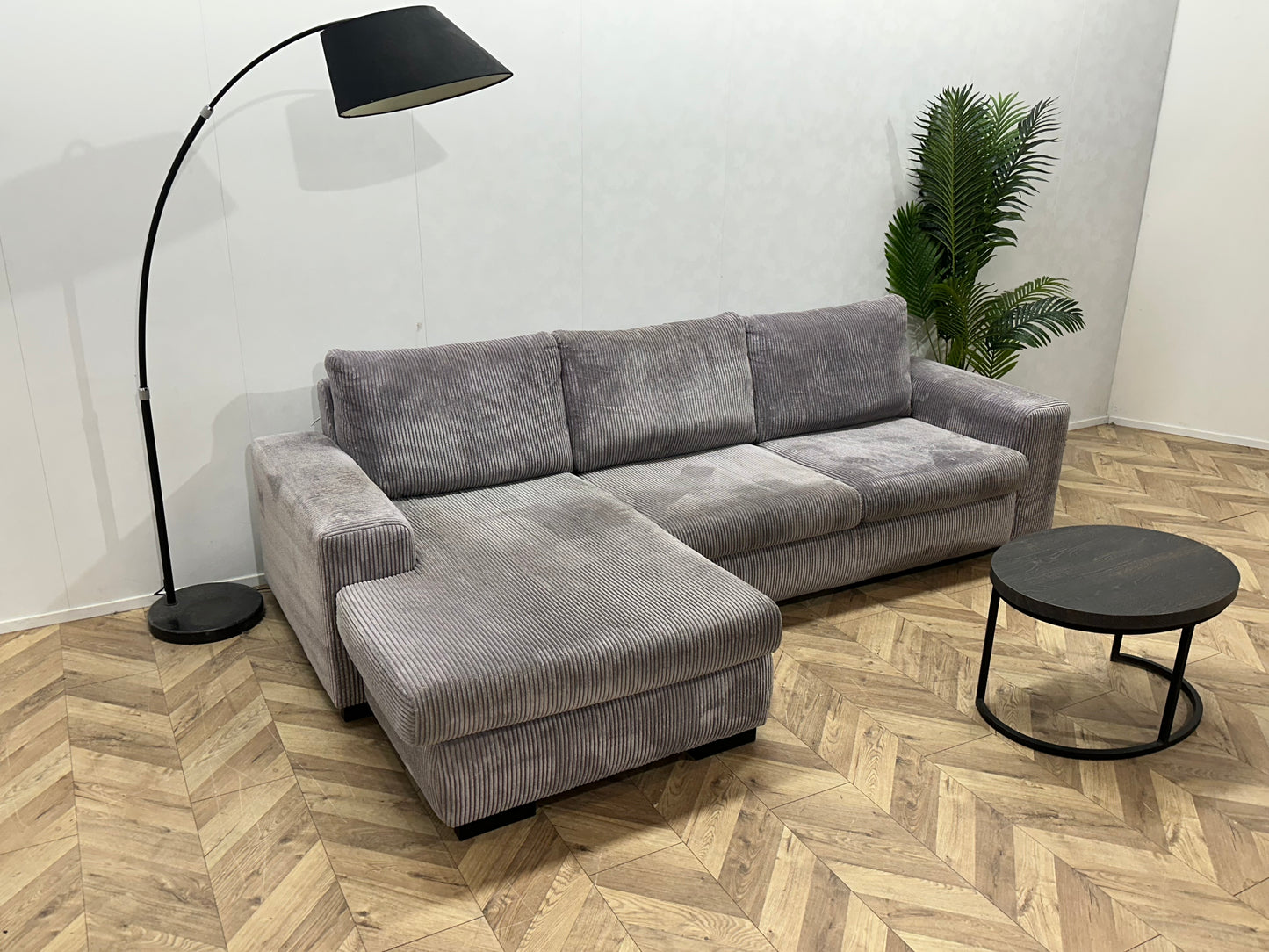 Licht Grijze Ribstof Hoekbank ~ Losse Kussens Met Afneembare Hoezen