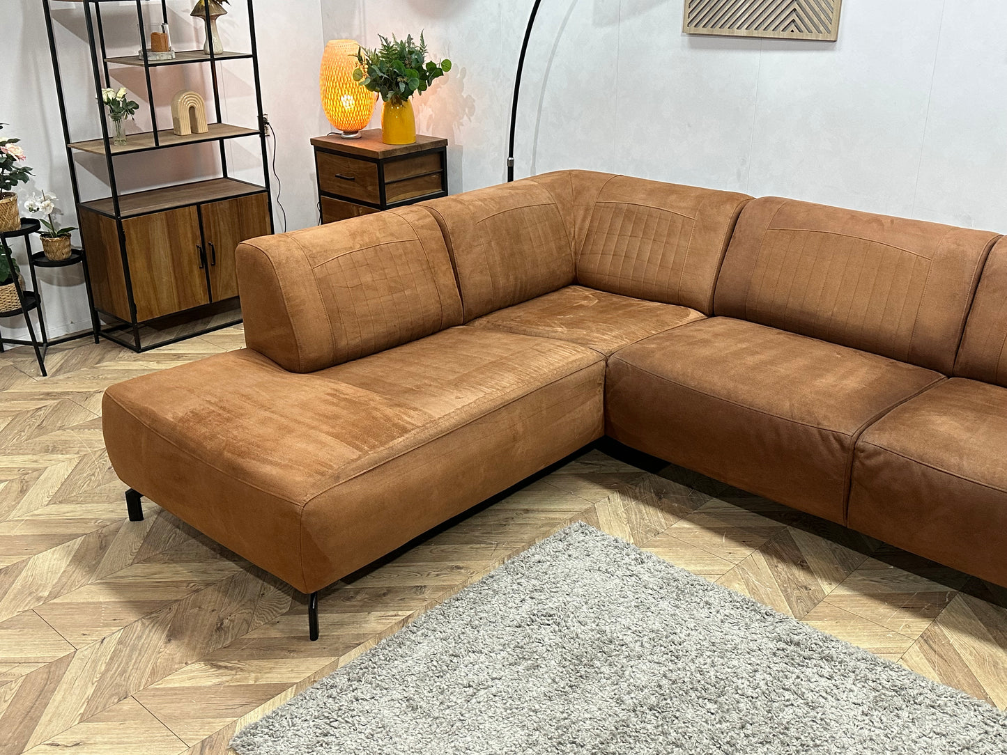 Cognac Bruine Suède Stoffen Hoekbank ~ Vaste Kussens