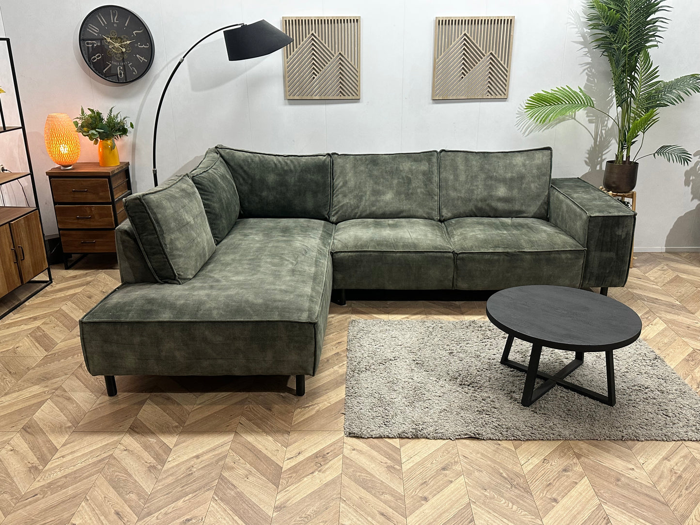 Groene Velvet Hoekbank ~ Losse Rugkussens Met Afneembare Hoezen