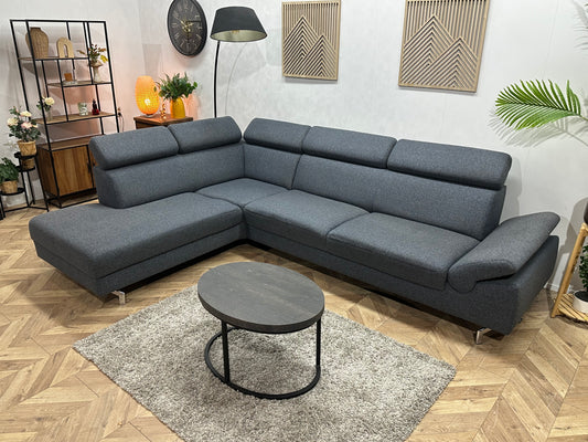 Montèl Blauwe/Grijze Hoekbank ~ Verstelbare Arm/Hoofdsteunen