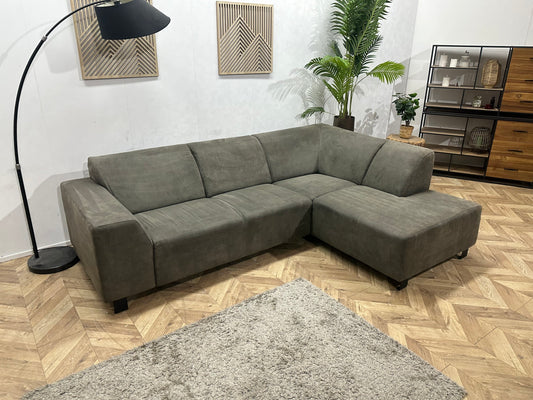 Antraciet/Donker Groene Suède Stoffen Hoekbank ~ Vaste Kussens