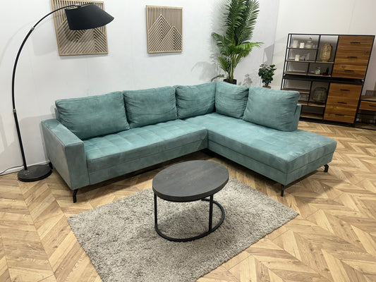 Blauwe Suède Stoffen Hoekbank ~  Losse Rugkussens Met Afneembare Hoezen