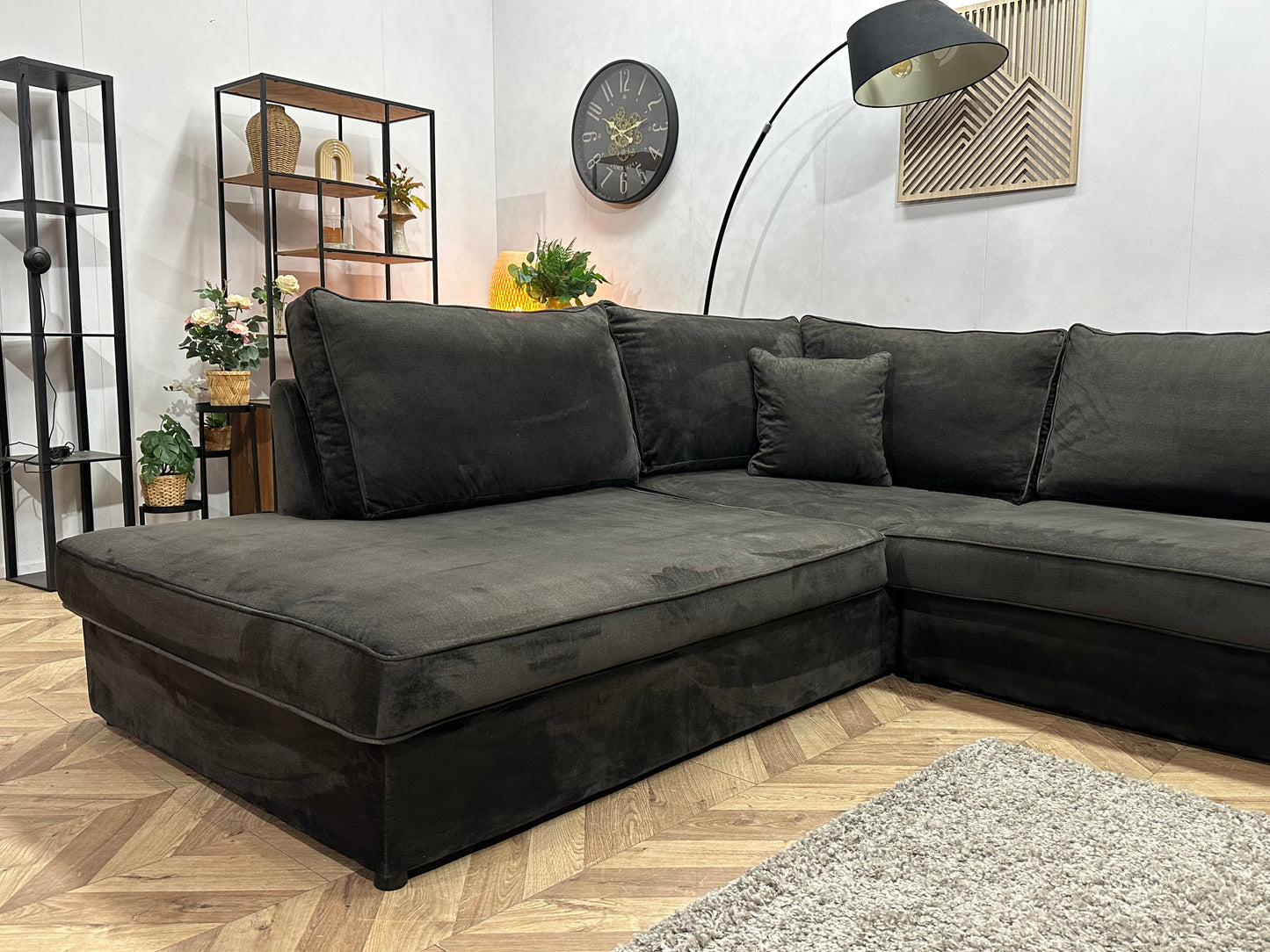 Antraciet Velvet Hoekbank ~ Losse Kussens Met Afneembare Hoezen