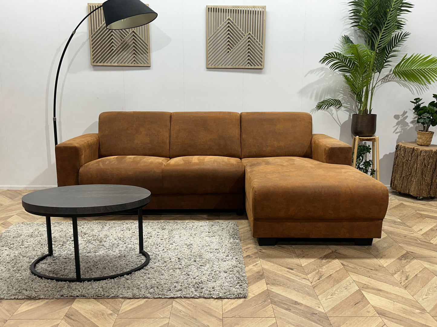 Cognac Bruine Suède Stoffen Hoekbank ~ Vaste Kussens