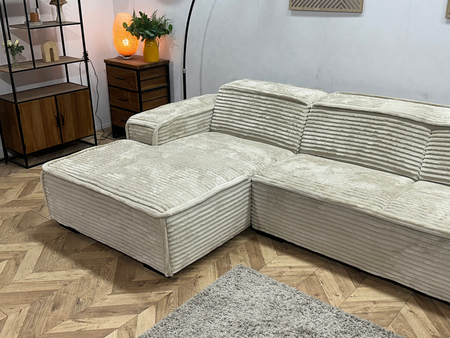 !Showroommodel! Witte/Crème Ribstof Hoekbank