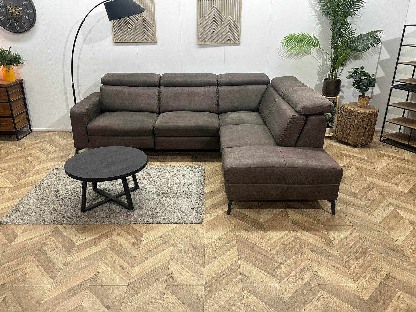 H&H Bruine Suède Stoffen Hoekbank ~ Relaxfunctie