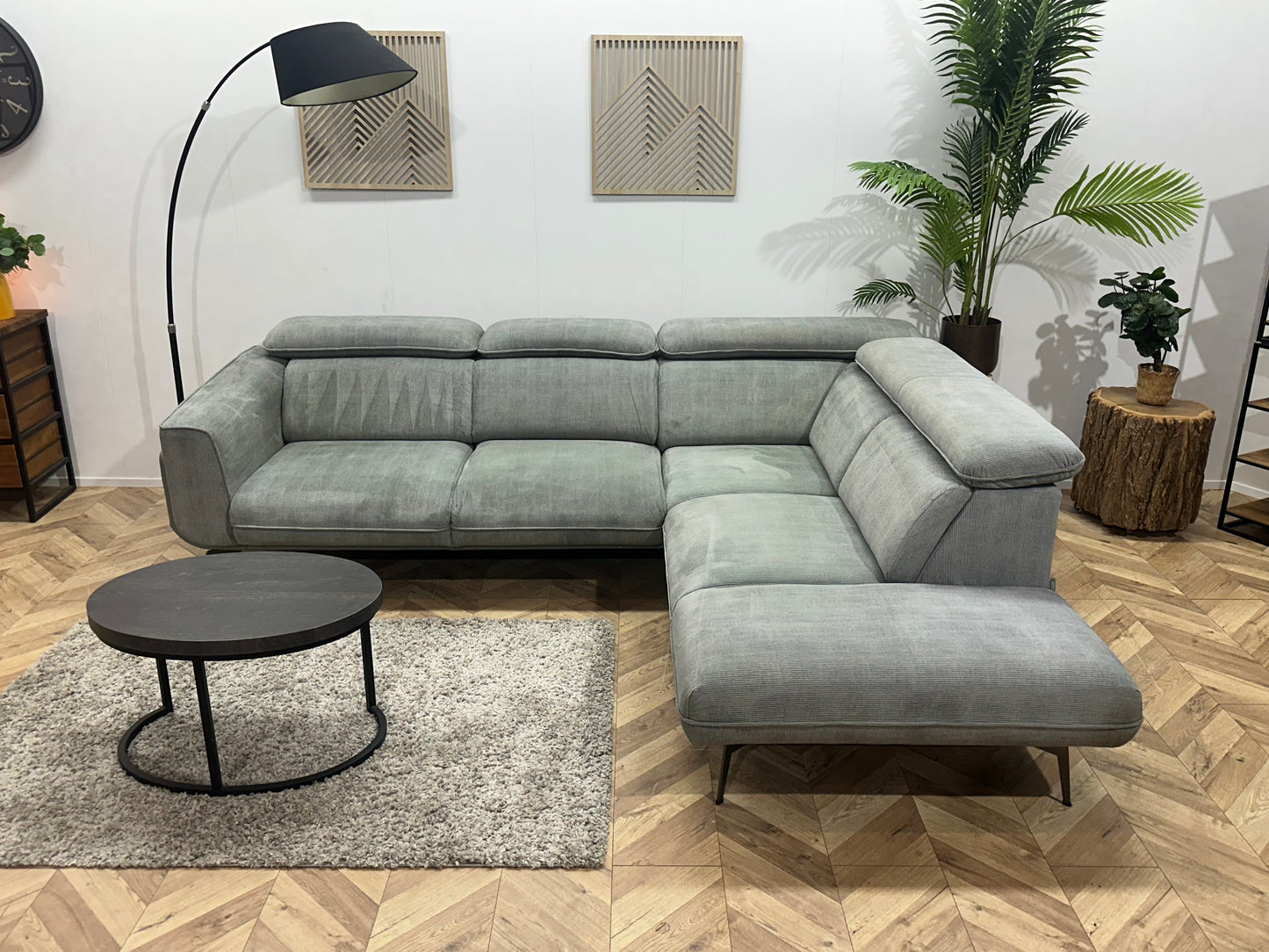 Xooon Licht Grijze/Blauwe Ribstof Hoekbank ~ Verstelbare Hoofdsteunen