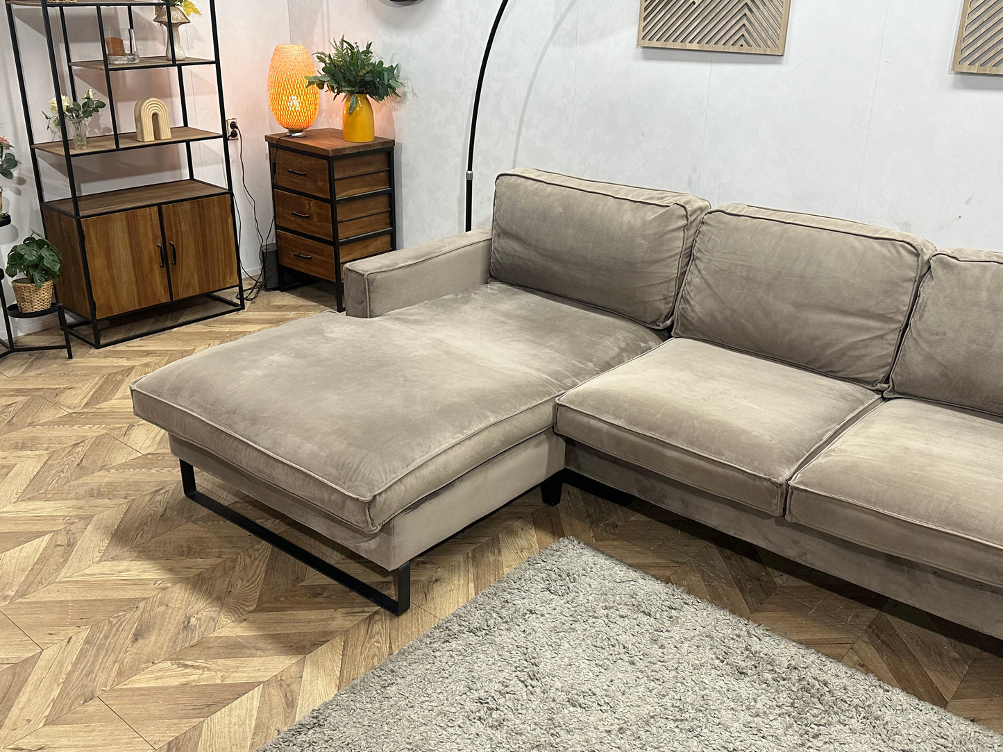 Licht Bruine Velvet Hoekbank ~ Losse Kussens Met Afneembare Hoezen