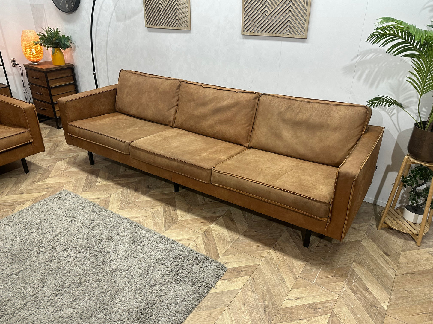 Be Pure Cognac Bruine Suède Stoffen 3-Zits Bank Inc Fauteuil ~ Losse Kussens Met Afneembare Hoezen