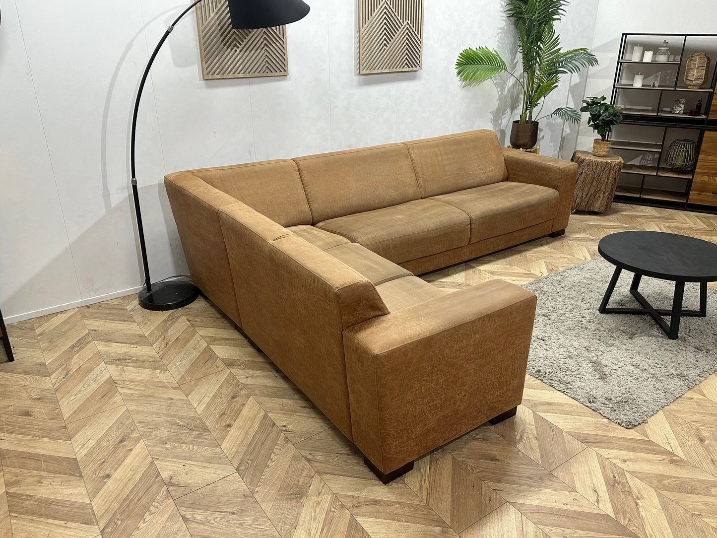 Cognac Bruine Suède Stoffen Hoekbank ~ Vaste Kussens