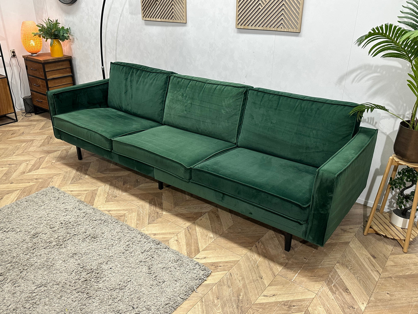Be Pure Groene Velvet 3-Zits Bank Inc Hocker ~ Losse Kussens Met Afneembare Hoezen