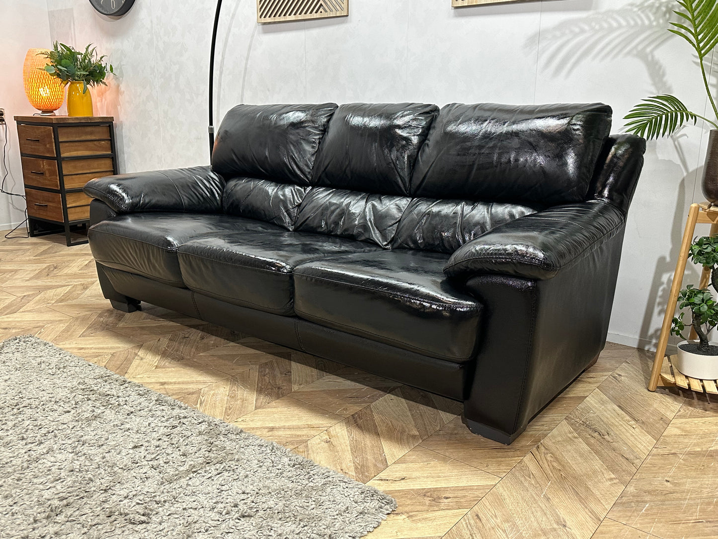 Zwarte Echt Lederen 3-Zits Bank ~ Geïmpregneerd