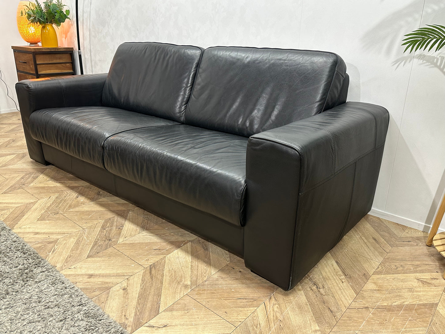 H&H Zwart Lederen Banken Set Incl Hocker ~ Vaste Kussens