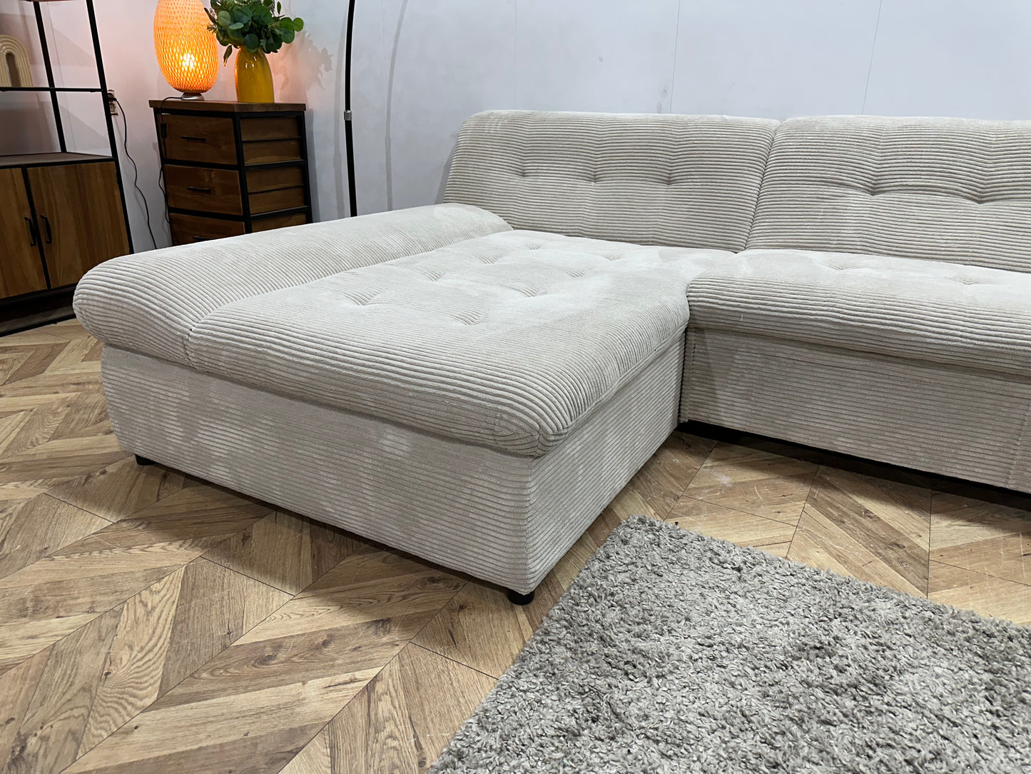 !Showroommodel! Crème Ribstof Hoekbank ~ Opbergruimte