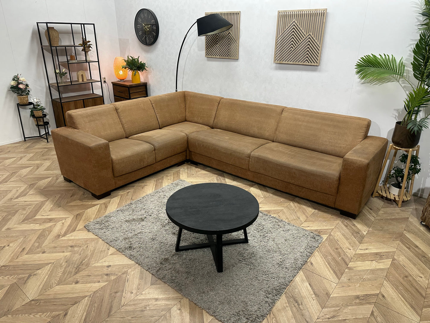 Cognac Bruine Suède Stoffen Hoekbank ~ Vaste Kussens