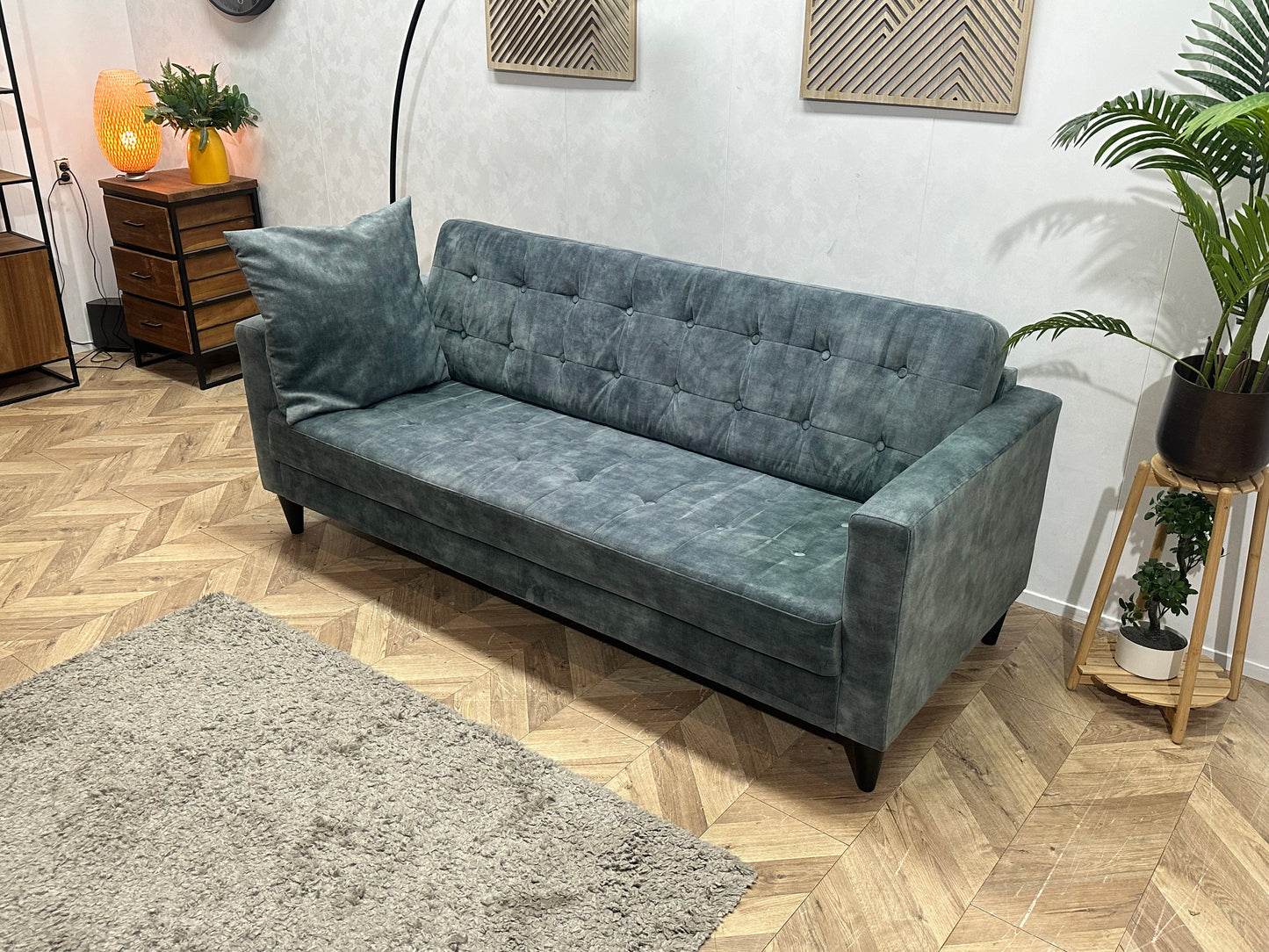 Umix Blauwe Velvet 2.5-Zits Bank ~ Losse Rugkussens Met Afneembare Hoezen