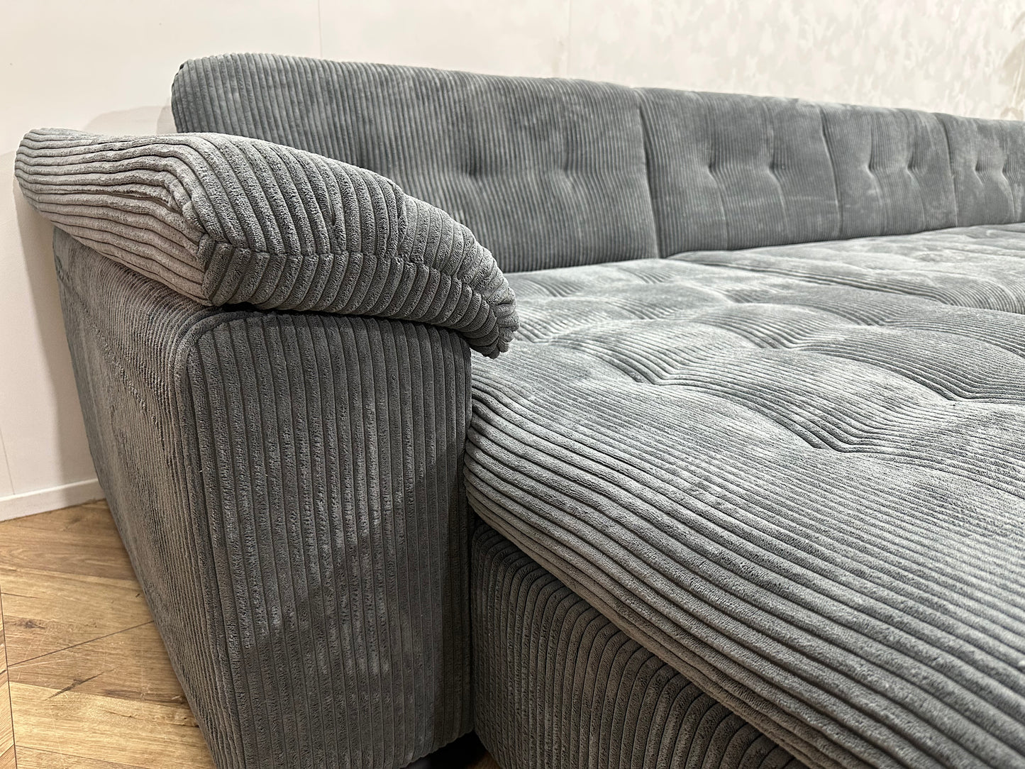 !Showroommodel! Blauwe Ribstof U Bank ~ Vaste Kussens