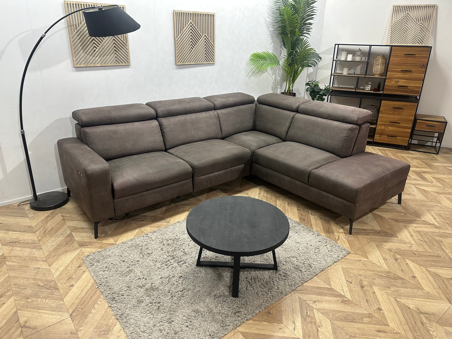H&H Bruine Suède Stoffen Hoekbank ~ Relaxfunctie