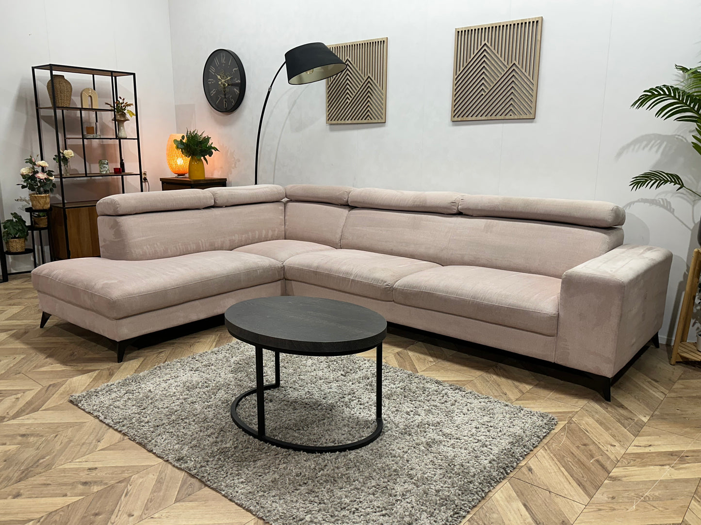 Roze Suede Stoffen Hoekbank ~ Verstelbare Hoofdsteunen