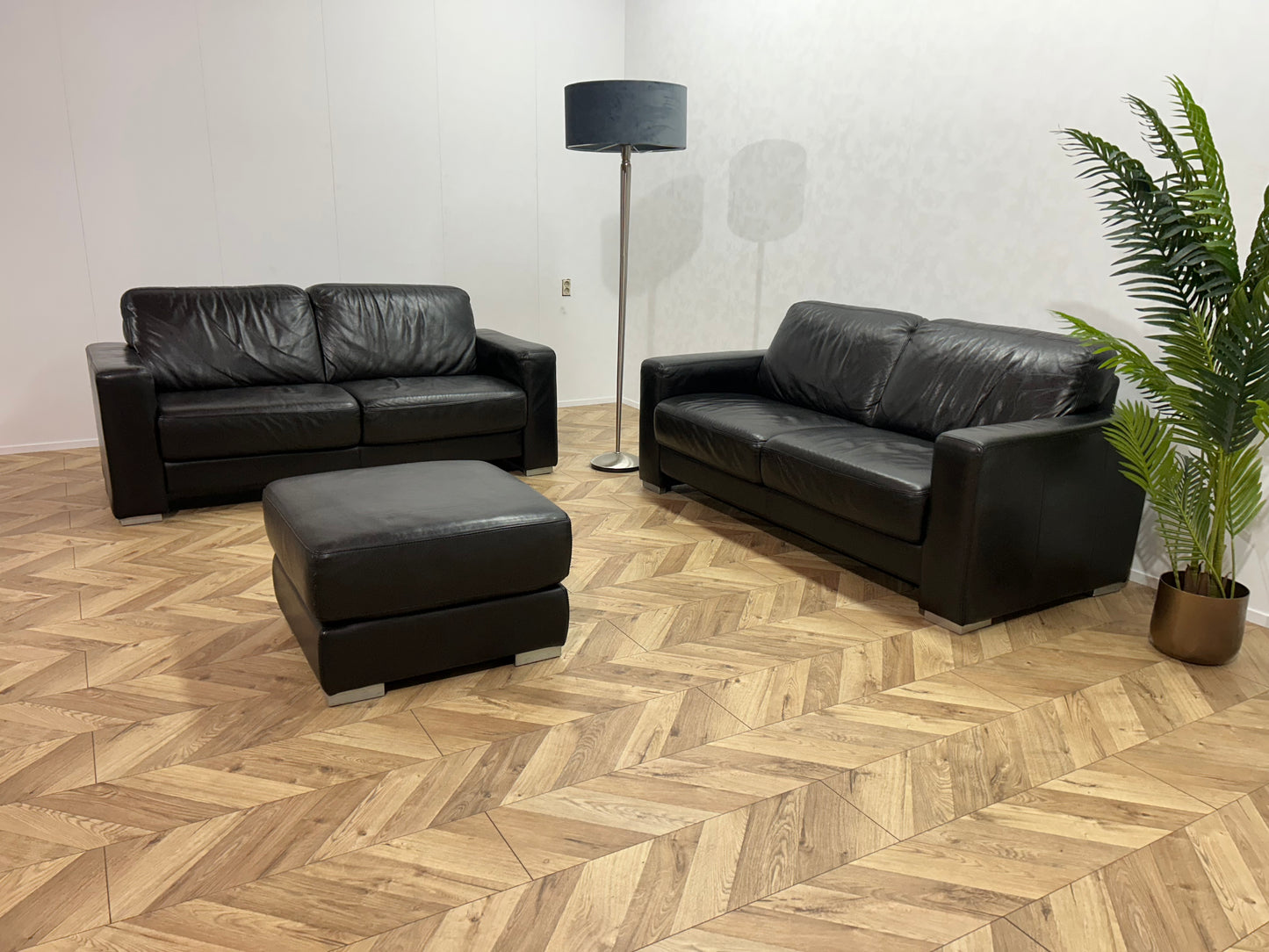 Zwarte Echt Lederen Banken Set Inc. Hocker ~ Nieuwstaat