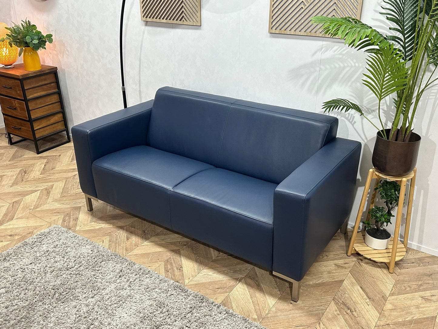 Montèl Blauwe Echt Lederen 2.5-Zits Bank ~ Vaste Kussens