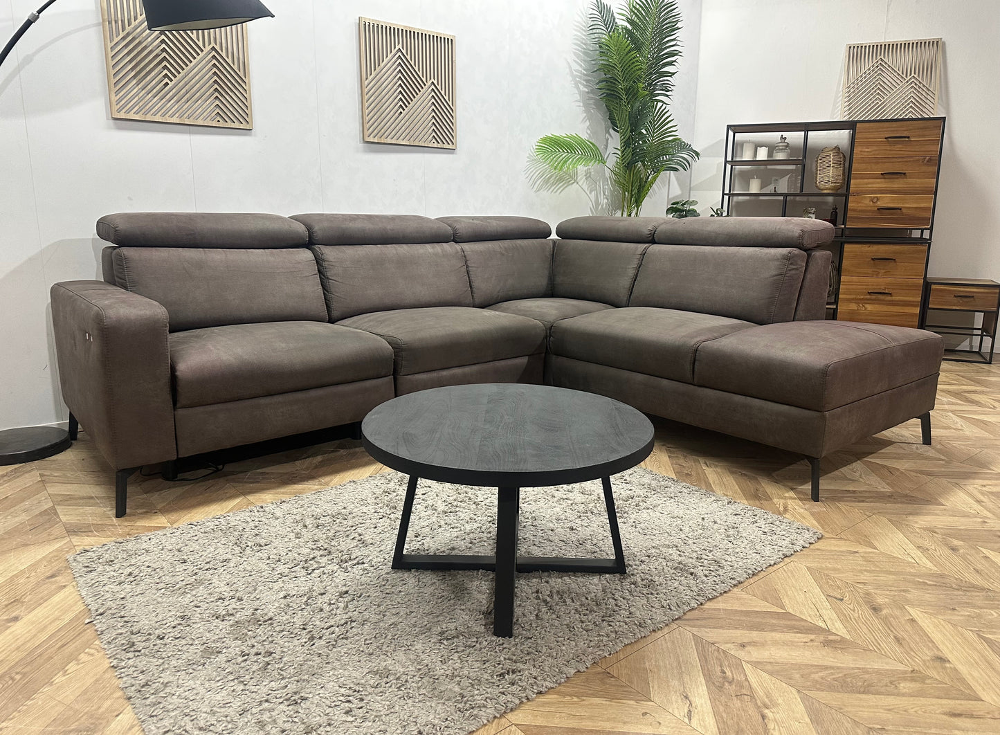 H&H Bruine Suède Stoffen Hoekbank ~ Relaxfunctie