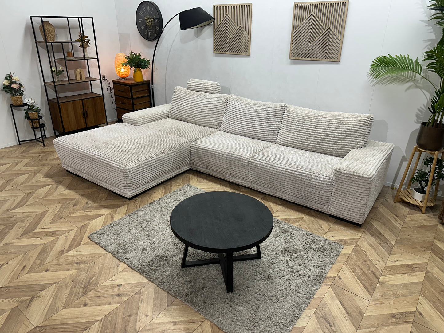 Witte Ribstof Hoekbank ~ Vaste Kussens