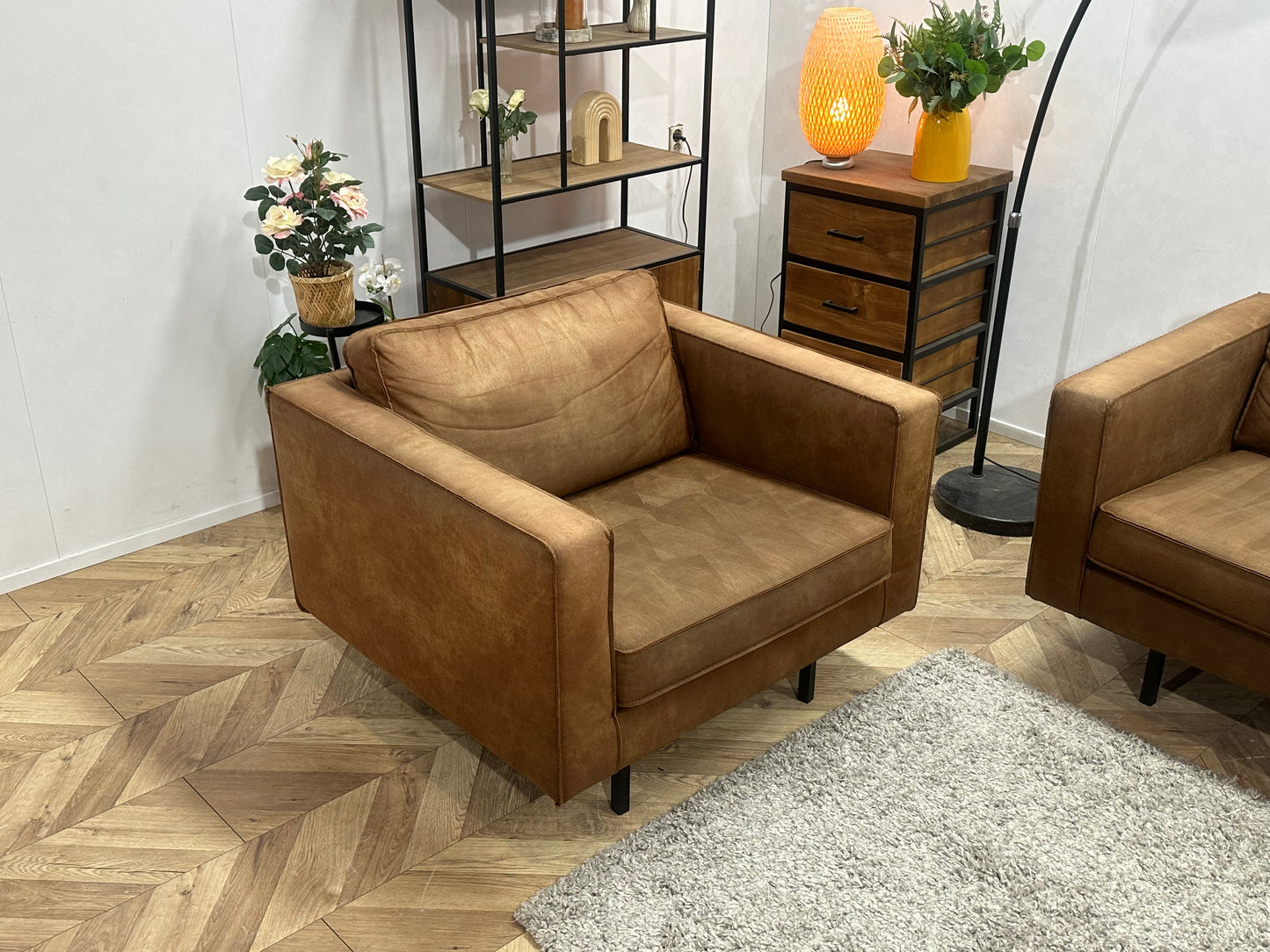 Woood Cognac Bruine Suède Stoffen Hoekbank Inc Fauteuil ~ Losse Kussens Met Afneembare Hoezen