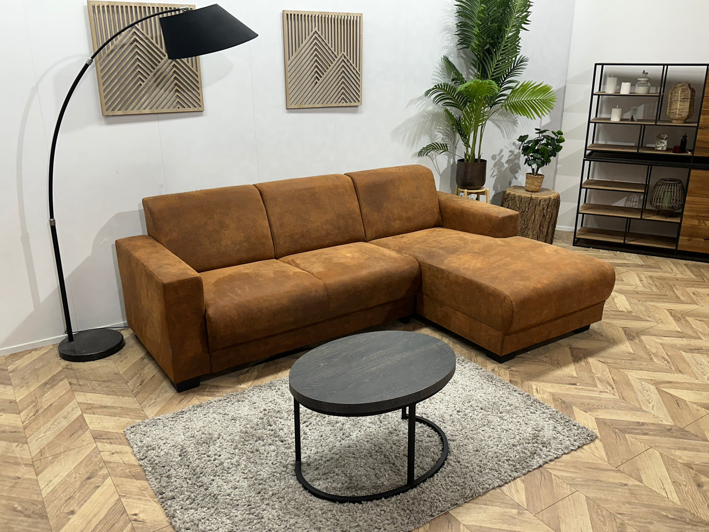 Cognac Bruine Suède Stoffen Hoekbank ~ Vaste Kussens