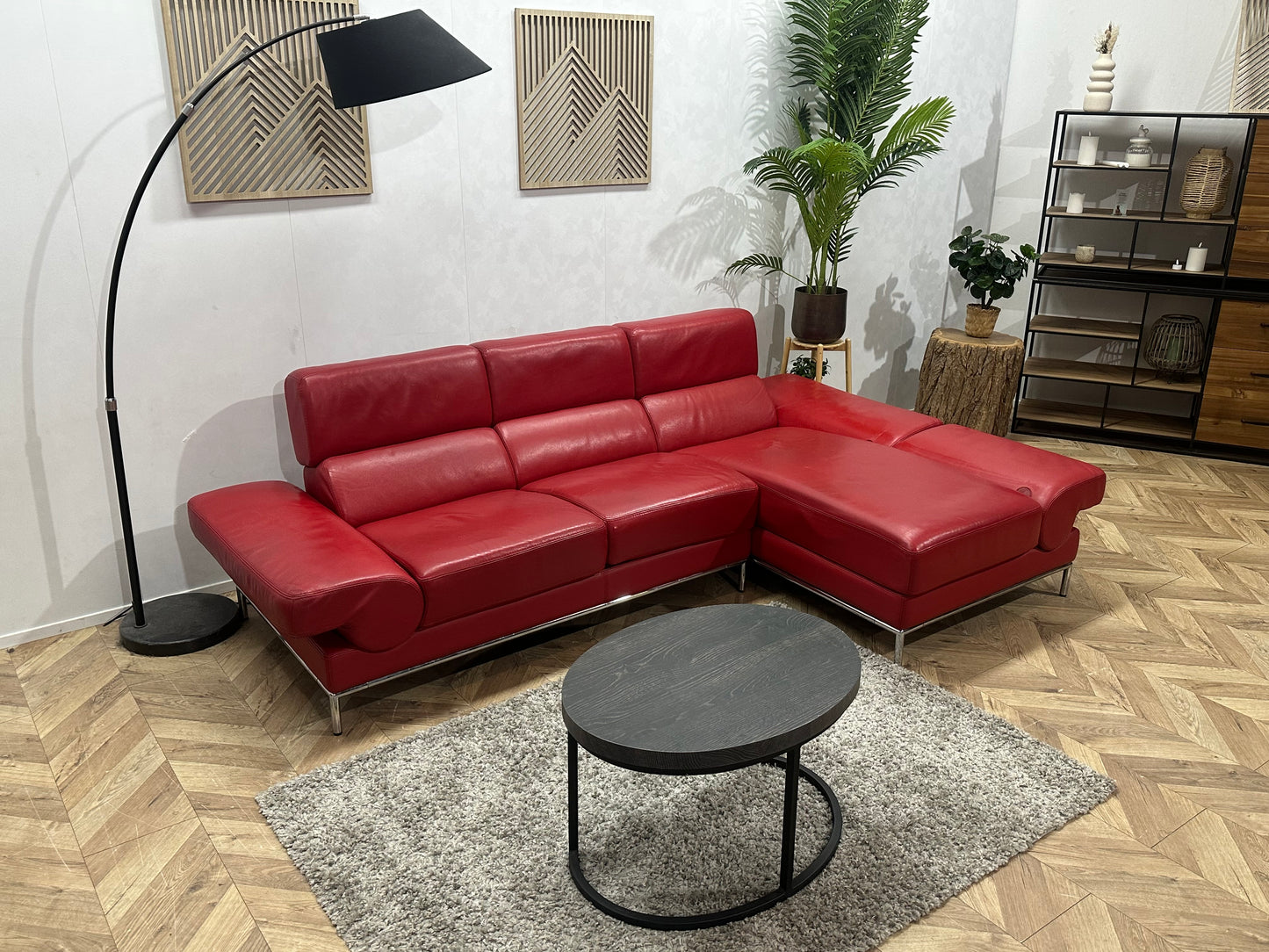 Rode Echt Lederen Hoekbank ~ Verstelbare Arm/Hoofdsteunen