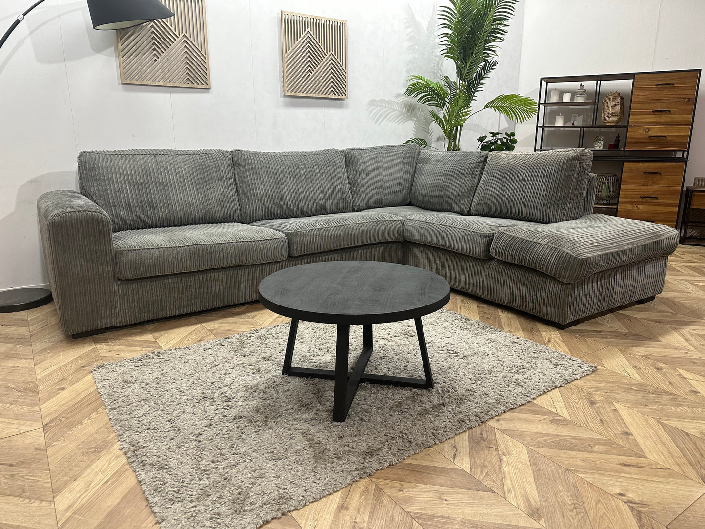 Grijze Ribstof Hoekbank ~ Losse Kussens Met Afneembare Hoezen