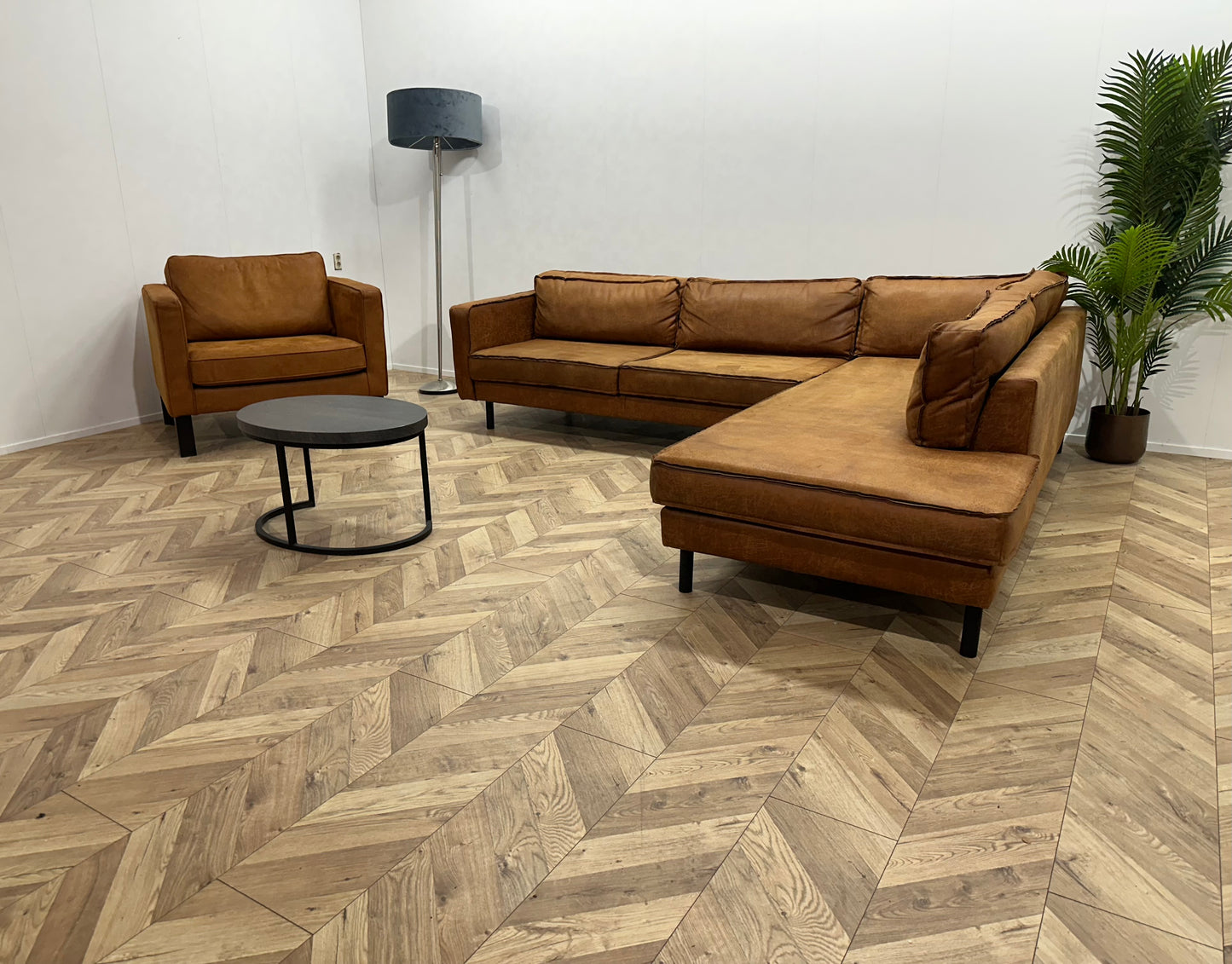 Cognac Bruine Suède Lederen Hoekbank Inc Fauteuil ~ Losse Kussens Met Afneembare Hoezen