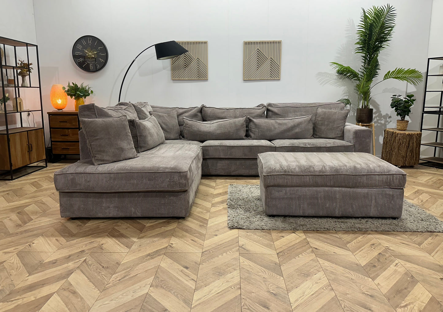 Grijze Ribstof Hoekbank Inc Hocker ~ Losse Kussens Met Afneembare Hoezen