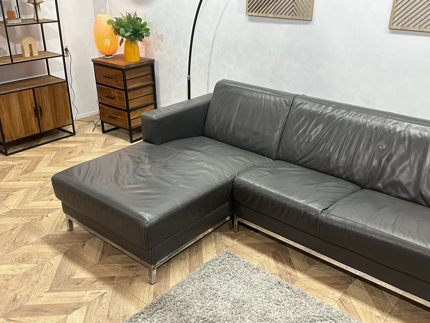 Montèl Antraciet Echt Lederen Hoekbank ~ Vaste Kussens