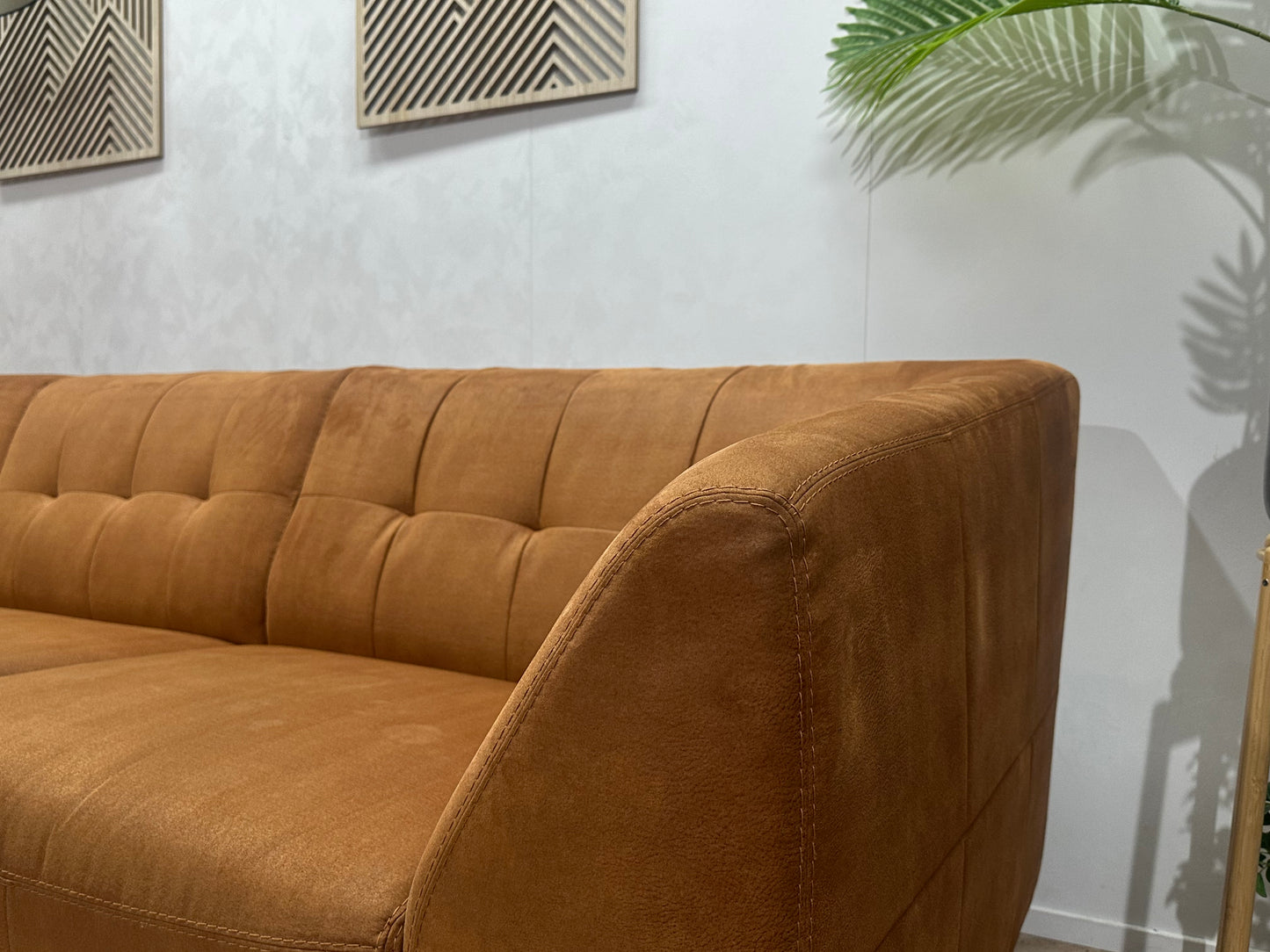 Cognac Bruine Suède Stoffen Hoekbank ~ Vaste Kussens