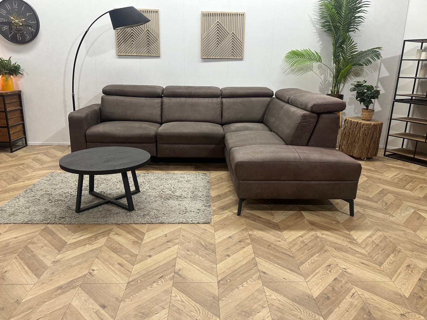 H&H Bruine Suède Stoffen Hoekbank ~ Relaxfunctie