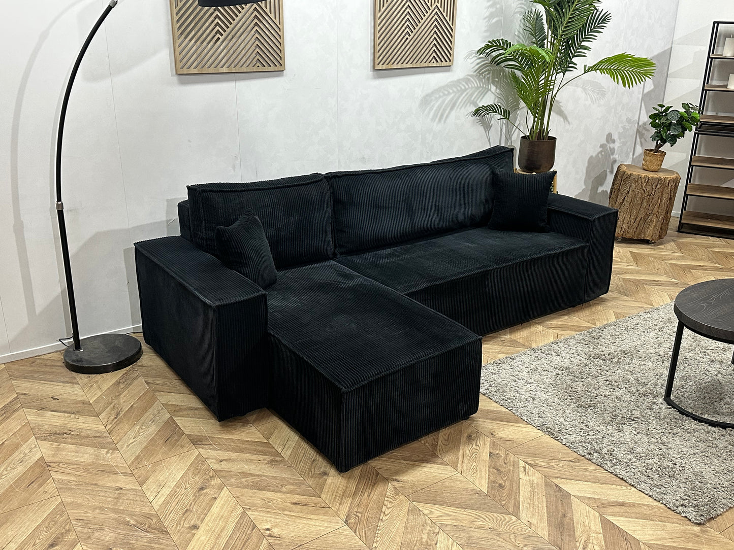 !Showroommodel! Zwarte Ribstof Hoekbank ~ Slaapfunctie