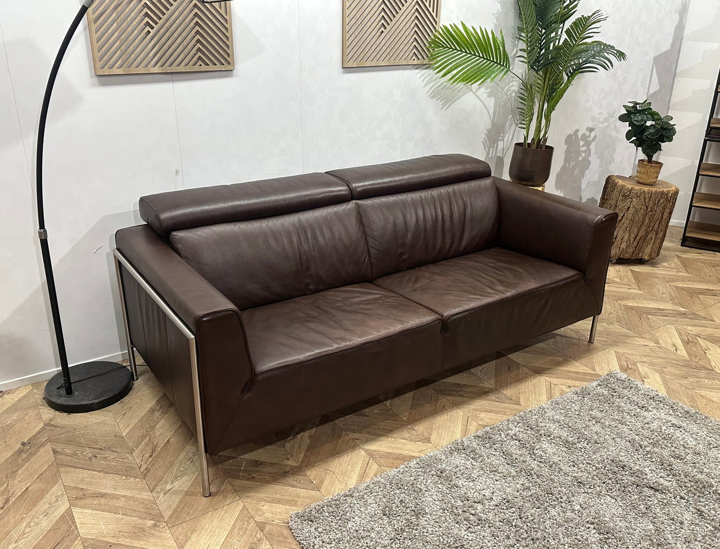 Bruine Echt Lederen 2.5-Zits Bank ~ Verstelbare Hoofdsteunen