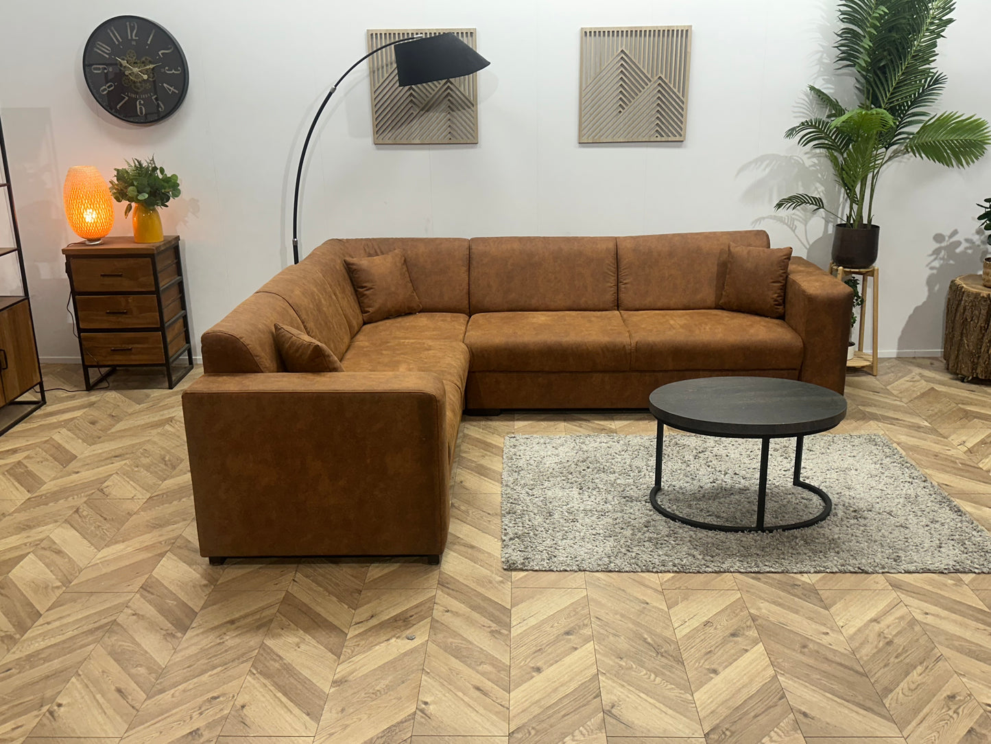 !Showroommodel! Cognac Bruine Suède Stoffen Hoekbank