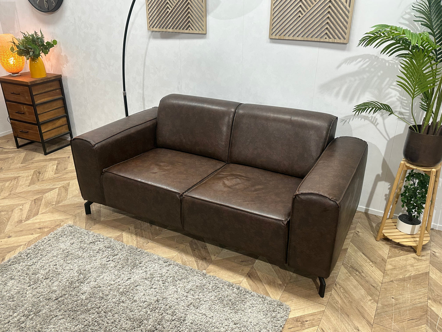 Bruine Echt Lederen 2.5-Zits Bank ~ Vaste Kussens