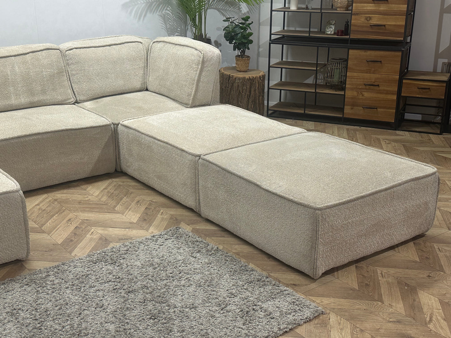 Crème Modulaire Bouclé Stoffen U Bank ~ Losse Rugkussens Met Afneembare Hoezen