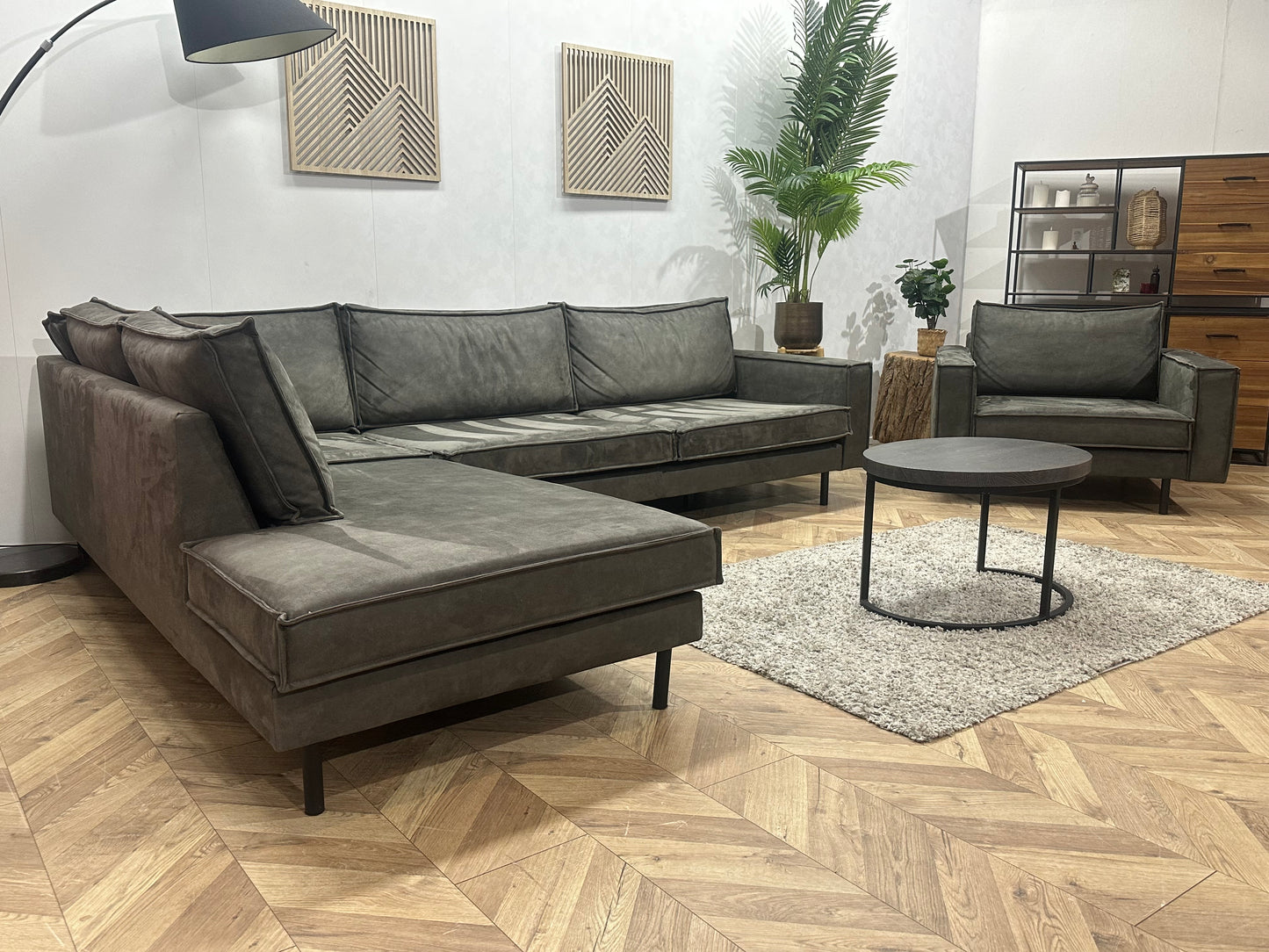 Antraciet Suède Stoffen Hoekbank Inc Fauteuil ~ Losse Kussens Met Afneembare Hoezen